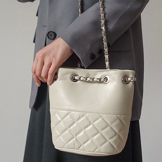 Women’s Genuine Leather Quilted Chain Bucket Bag