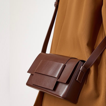Women’s Genuine Leather Woven Box Crossbody Shoulder Bag in Minimalist Style