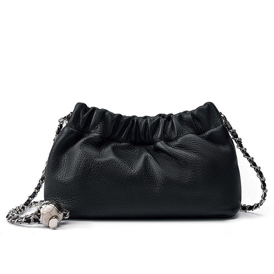 Luxury Women's Cloud Pleated Genuine Leather Shoulder Crossbody Bag with Golden Ball Chain