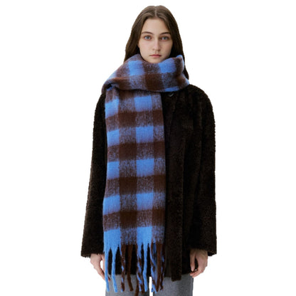 Women's Blue Plaid Patterned Fringed Imitation Cashmere Scarf