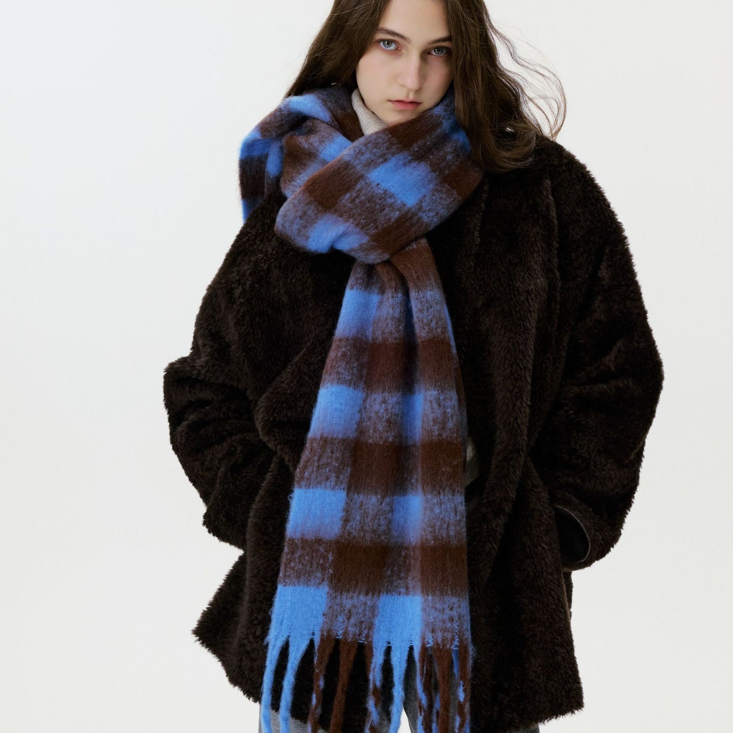 Women's Blue Plaid Patterned Fringed Imitation Cashmere Scarf