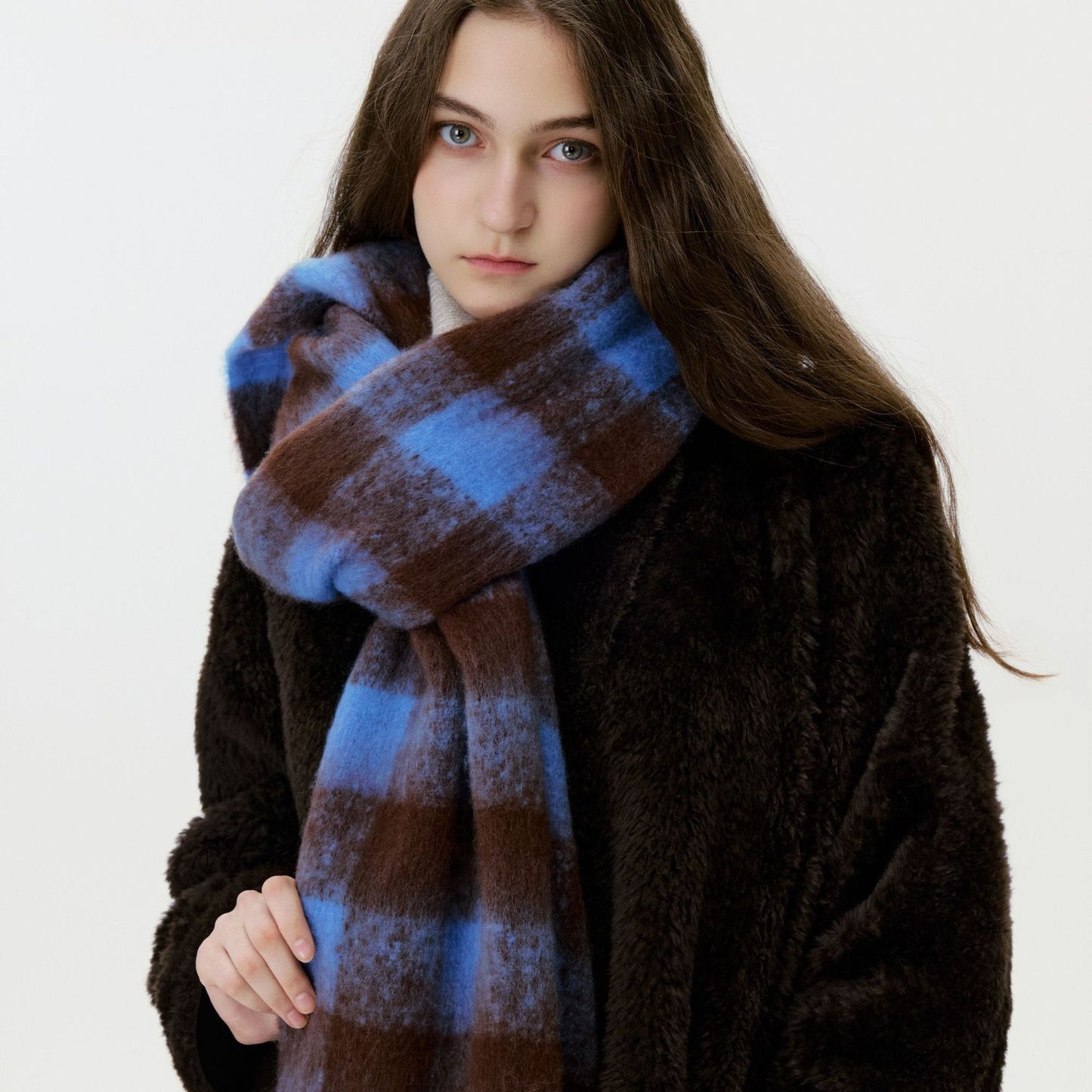 Women's Blue Plaid Patterned Fringed Imitation Cashmere Scarf