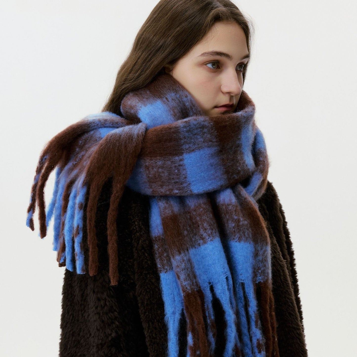 Women's Blue Plaid Patterned Fringed Imitation Cashmere Scarf