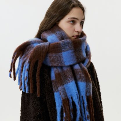 Women's Blue Plaid Patterned Fringed Imitation Cashmere Scarf