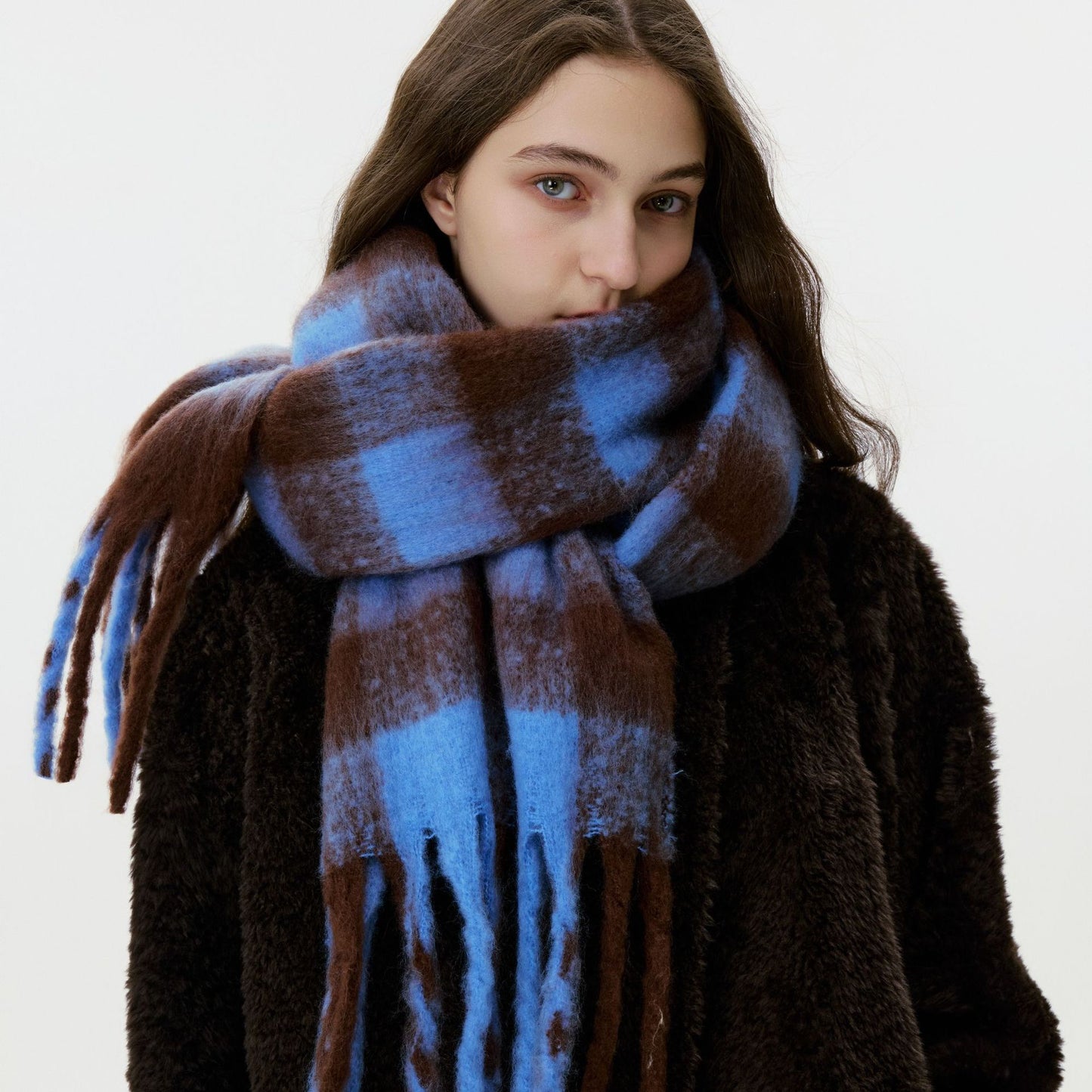 Women's Blue Plaid Patterned Fringed Imitation Cashmere Scarf