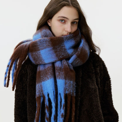 Women's Blue Plaid Patterned Fringed Imitation Cashmere Scarf