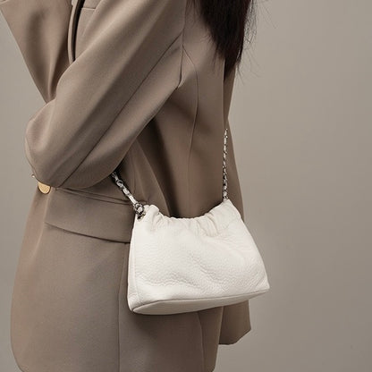 Luxury Women's Cloud Pleated Genuine Leather Shoulder Crossbody Bag with Golden Ball Chain