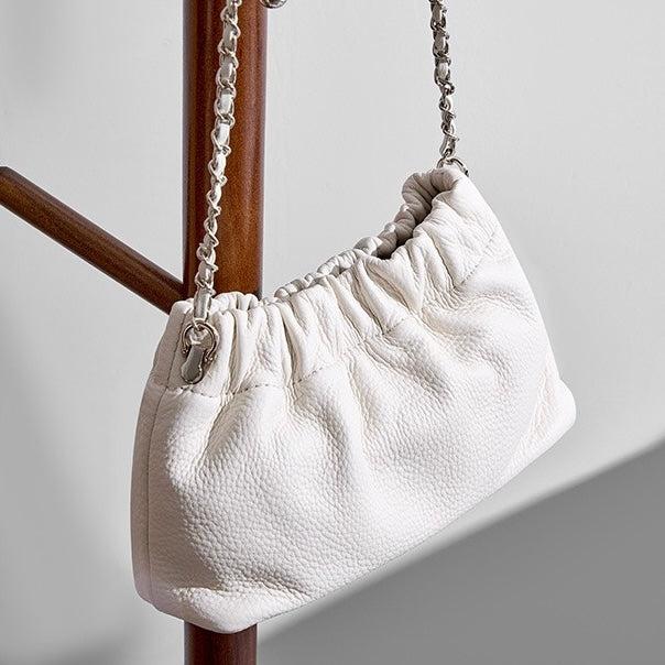 Luxury Women's Cloud Pleated Genuine Leather Shoulder Crossbody Bag with Golden Ball Chain