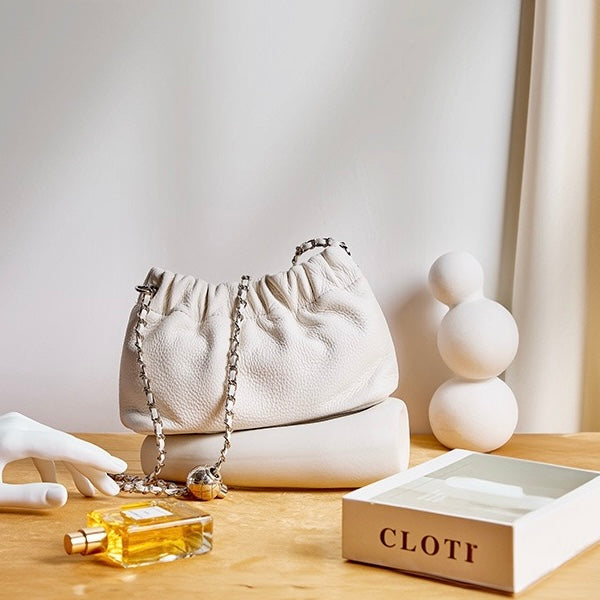 Luxury Women's Cloud Pleated Genuine Leather Shoulder Crossbody Bag with Golden Ball Chain