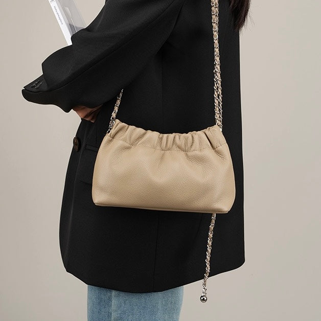 Luxury Women's Cloud Pleated Genuine Leather Shoulder Crossbody Bag with Golden Ball Chain