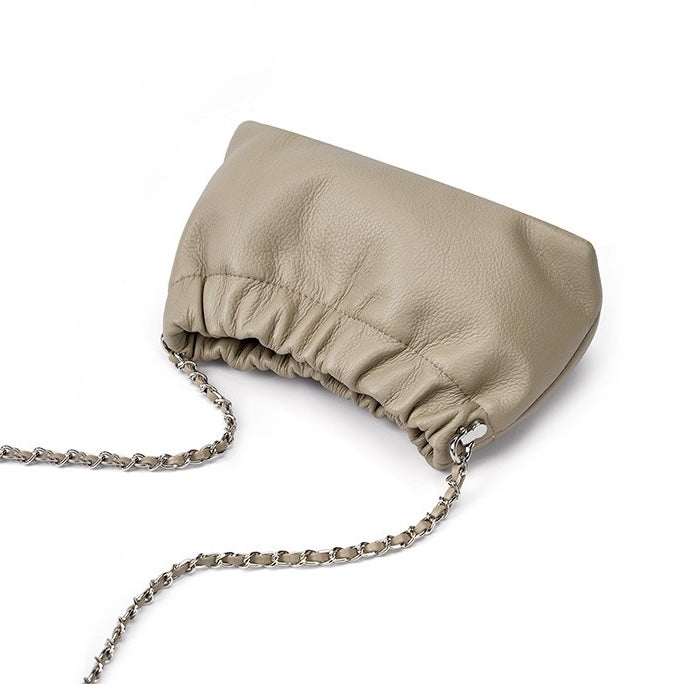 Luxury Women's Cloud Pleated Genuine Leather Shoulder Crossbody Bag with Golden Ball Chain