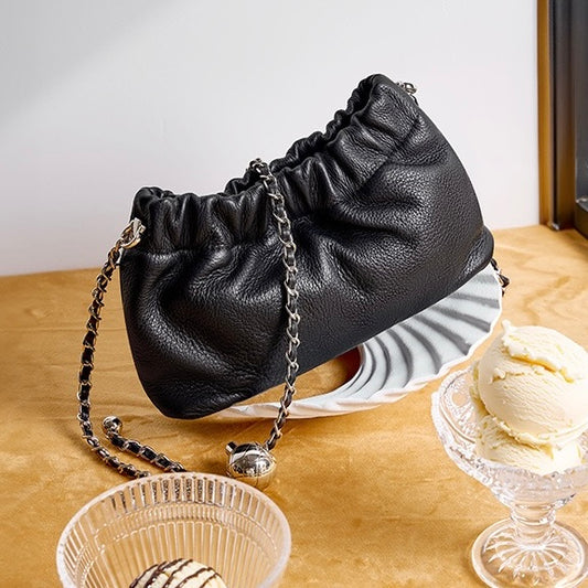 Luxury Women's Cloud Pleated Genuine Leather Shoulder Crossbody Bag with Golden Ball Chain