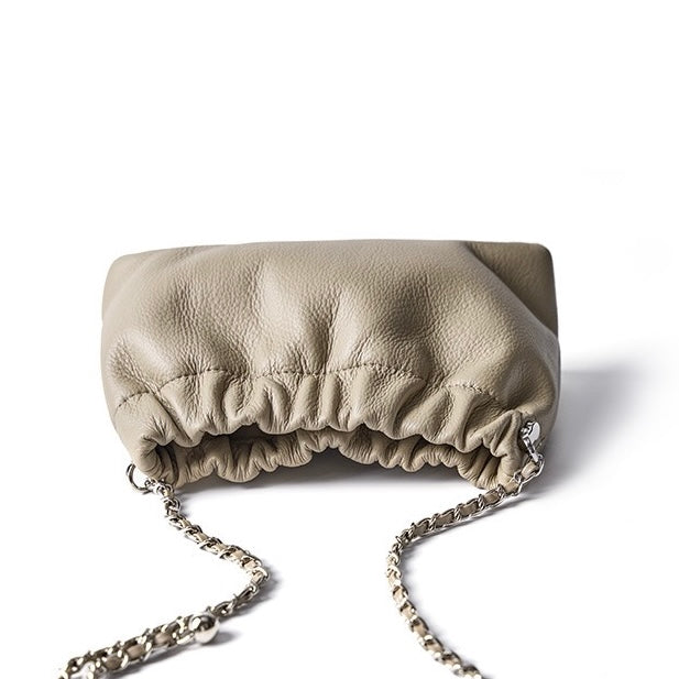 Luxury Women's Cloud Pleated Genuine Leather Shoulder Crossbody Bag with Golden Ball Chain
