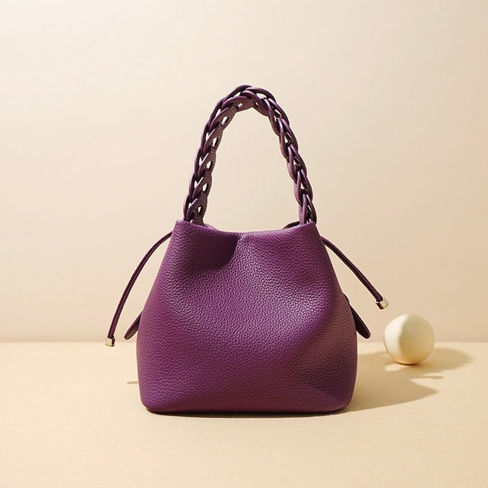 Women's Genuine Top-Grain Leather Versatile Commuting Bucket Bag Single-Shoulder Crossbody Elegant Handheld Bag