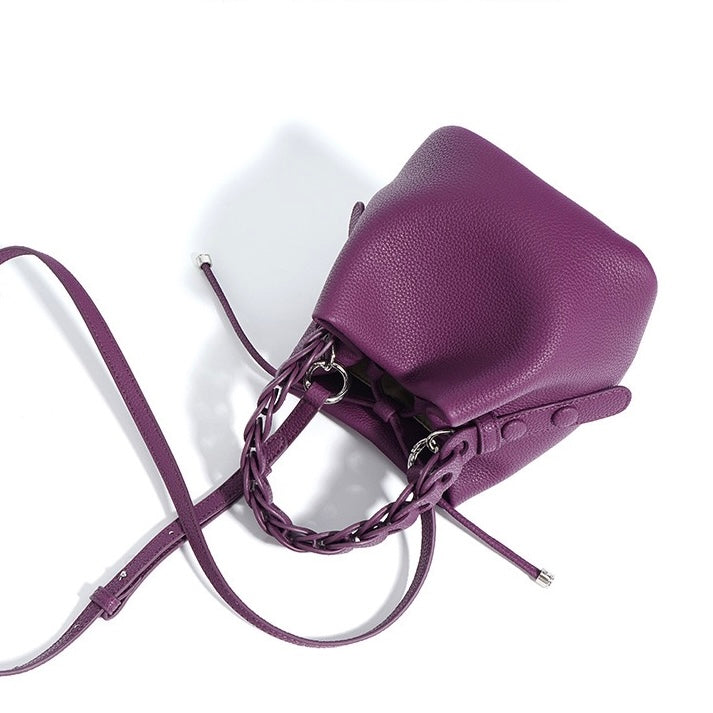 Women's Genuine Top-Grain Leather Versatile Commuting Bucket Bag Single-Shoulder Crossbody Elegant Handheld Bag