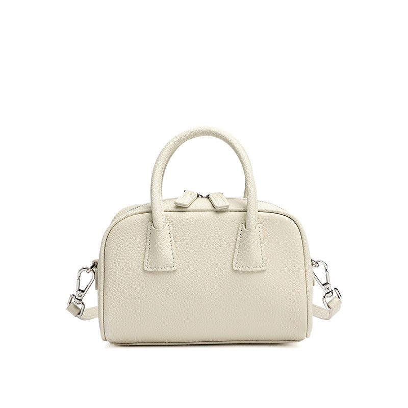 Cushiony Pebbled Genuine Leather Mini Boston Clutch Bag
