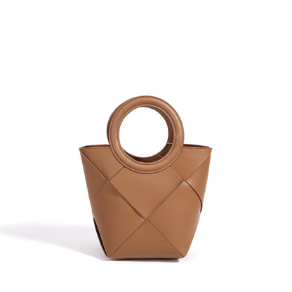 Refined Geometric Woven Genuine Leather Mini Bucket Clutch Bag