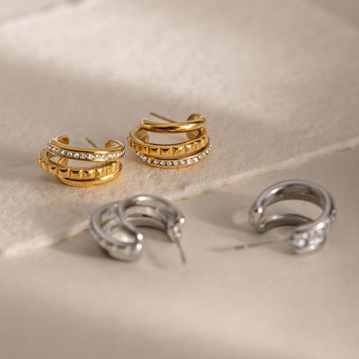 Elegant Triple Layer Pavé Ribbed Earrings