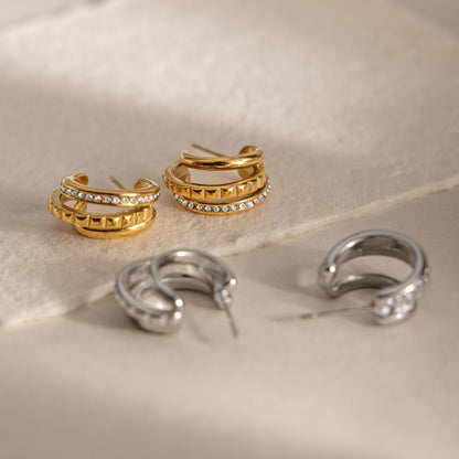 Elegant Triple Layer Pavé Ribbed Earrings