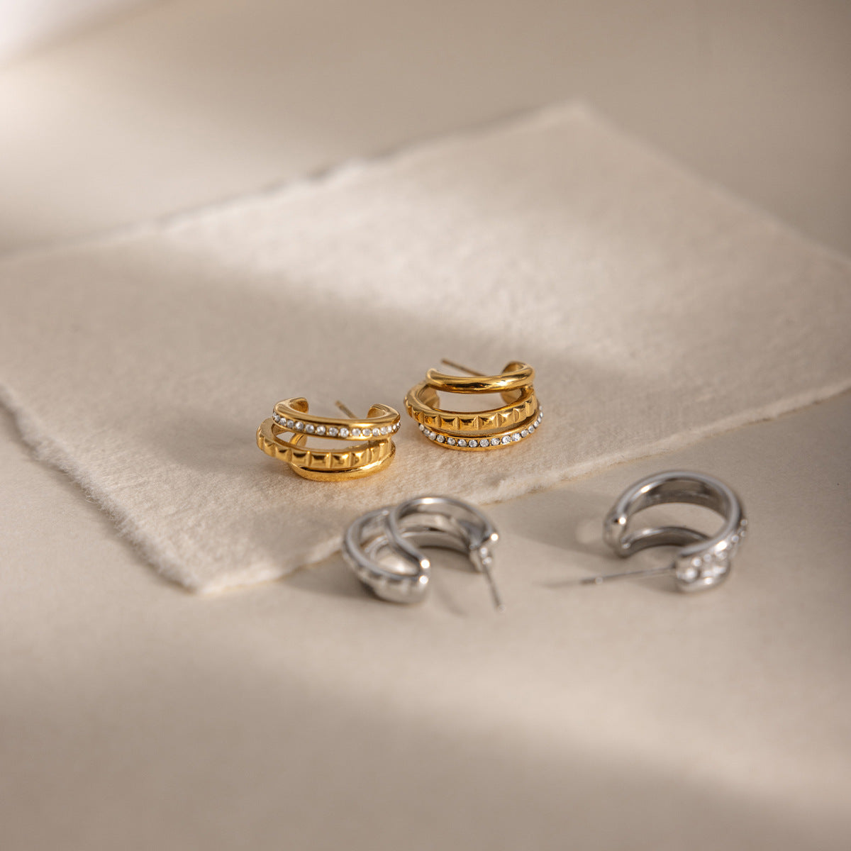 Elegant Triple Layer Pavé Ribbed Earrings