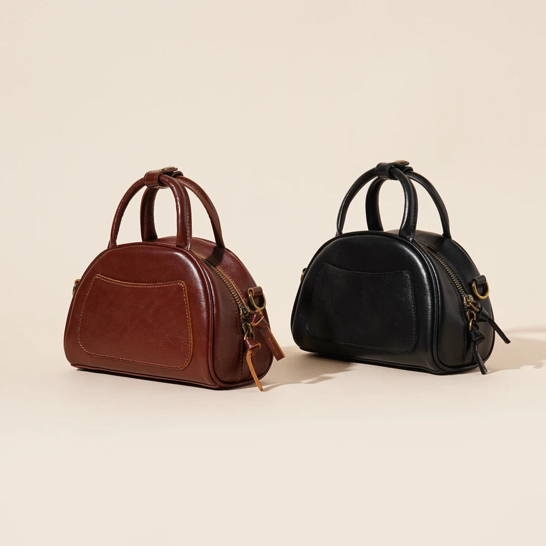 The Vintage Dome Genuine Leather Mini Boston Crossbody Bag with Top Handle