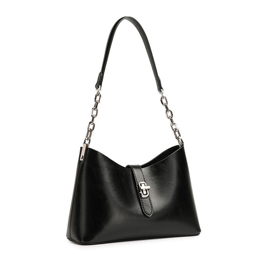 Classic Genuine Leather Underarm Bag with Metal Buckle