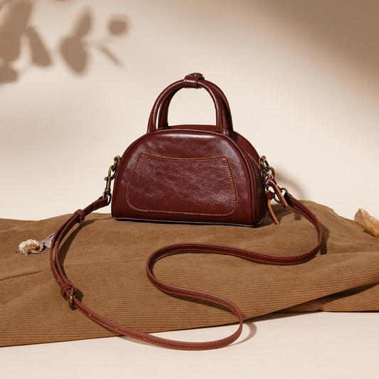The Vintage Dome Genuine Leather Mini Boston Crossbody Bag with Top Handle