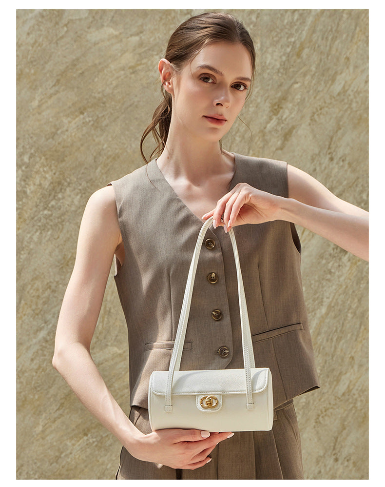 Nostalgic Caviar Genuine Leather Baguette Tube Clutch Bag