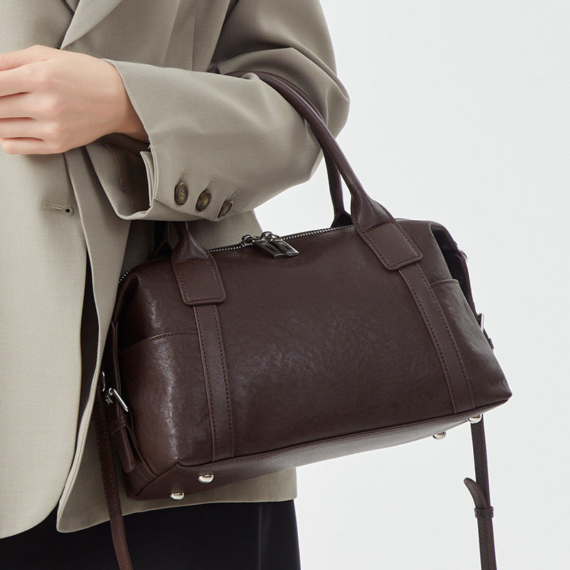 Minimalist Barrel Genuine Leather Satchel