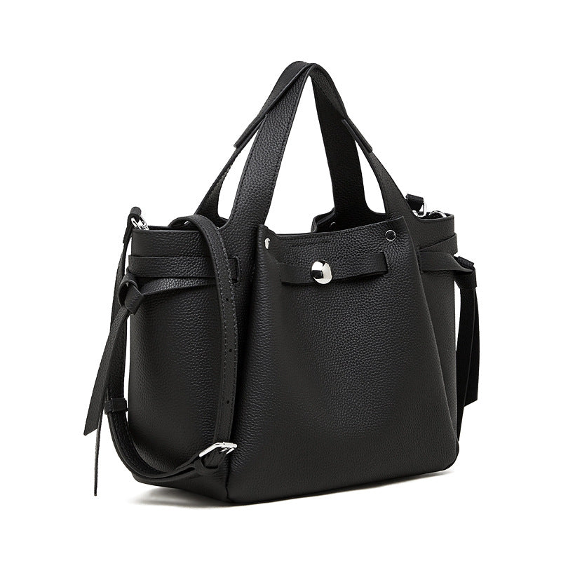 The Pebbled Genuine Leather Mini Bucket Tote Bag with Turn-Lock Closure