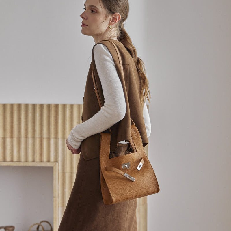 Classic Genuine Leather Chic Daily Crossbody Bucket Bag