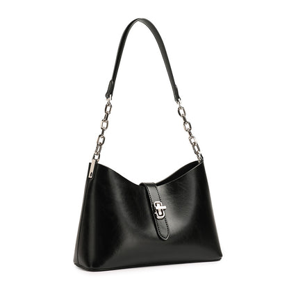 Classic Genuine Leather Underarm Bag with Metal Buckle