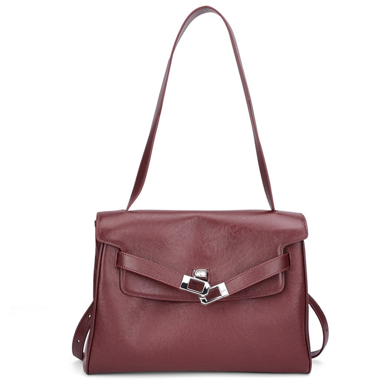 Vintage Lock-Accent Satchel Crossbody Genuine Leather Bag