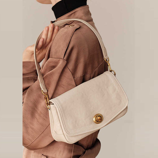 The Washed Genuine Leather Turn-Lock Flap Shoulder Crossbody Bag