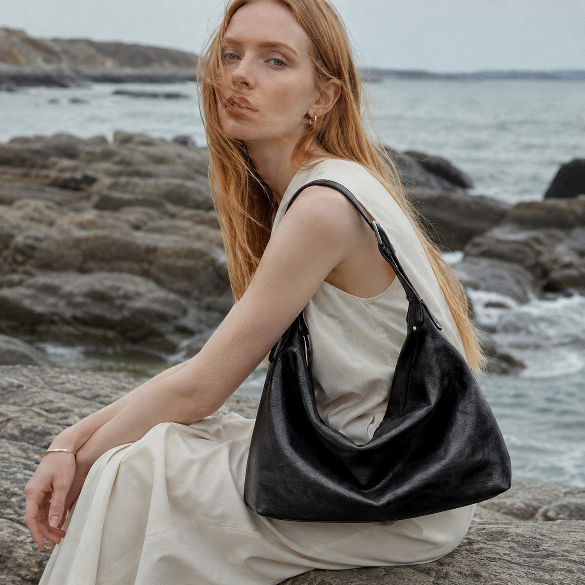 Supple Slouchy Genuine Leather Crescent Hobo Clutch Bag