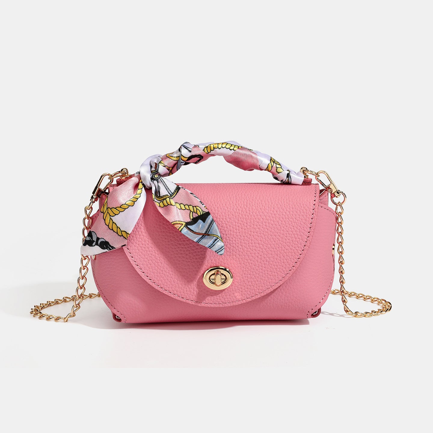 Elegant Retro Genuine Leather Chain Crossbody Shoulder Silk Scarf Handbag