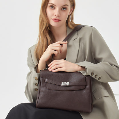 Vintage Lock-Accent Satchel Crossbody Genuine Leather Bag