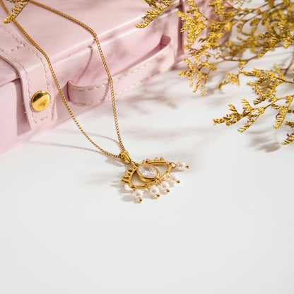 Vintage Halskette mit weißem Zirkon und Perlen, verziert mit dem bösen Blick 