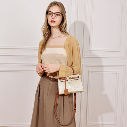 Elegant Oriental Brocade Genuine Leather Kelly Clutch Bag with Charm