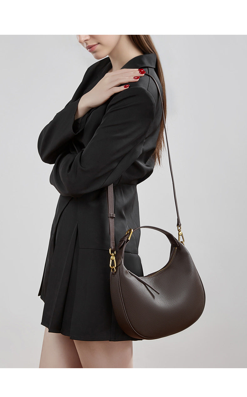 Modern Half-Moon Genuine Leather Bag - Versatile 2-Way Carry Pebbled Hobo