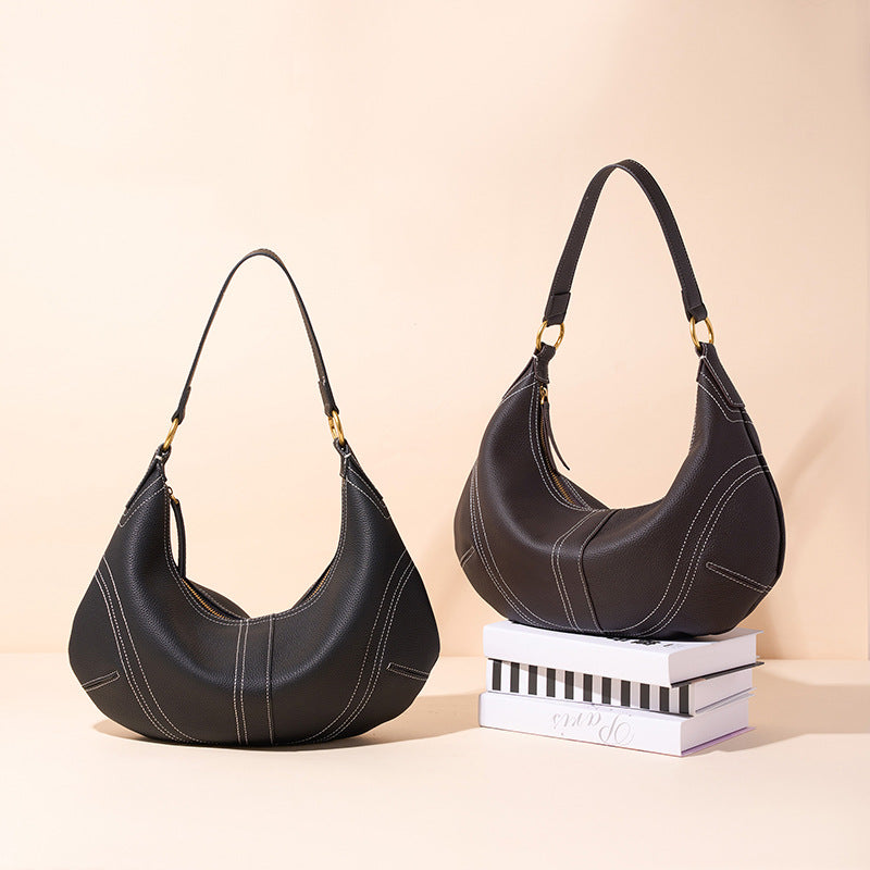 The Pebbled Genuine Leather Hobo Shoulder Bag with Contrast Stitching
