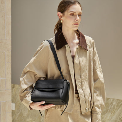 Sac bandoulière à rabat en cuir véritable grain litchi avec bandoulière réglable