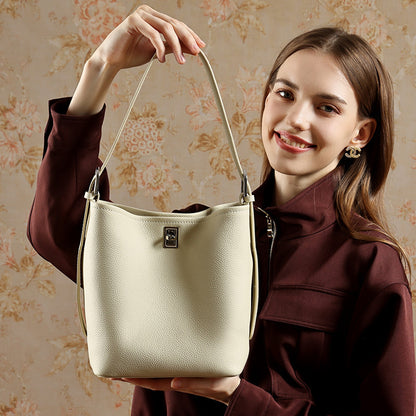 Sculpted Genuine Leather Medium Bucket Bag with Clean Linear Topstitching