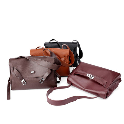 Vintage Lock-Accent Satchel Crossbody Genuine Leather Bag