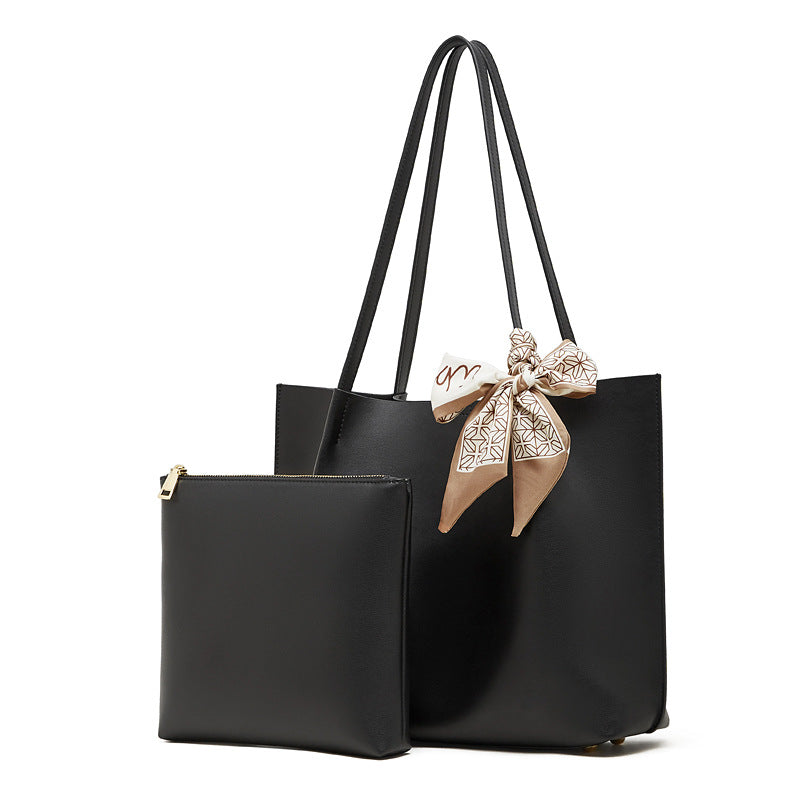 Parisian Chic Genuine Leather Bag - Minimalist Large Tote with Silk Scarf Accent