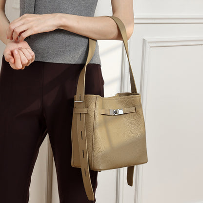 Timeless Genuine Leather Bucket Bag with Polished Double-D Luxury Hardware