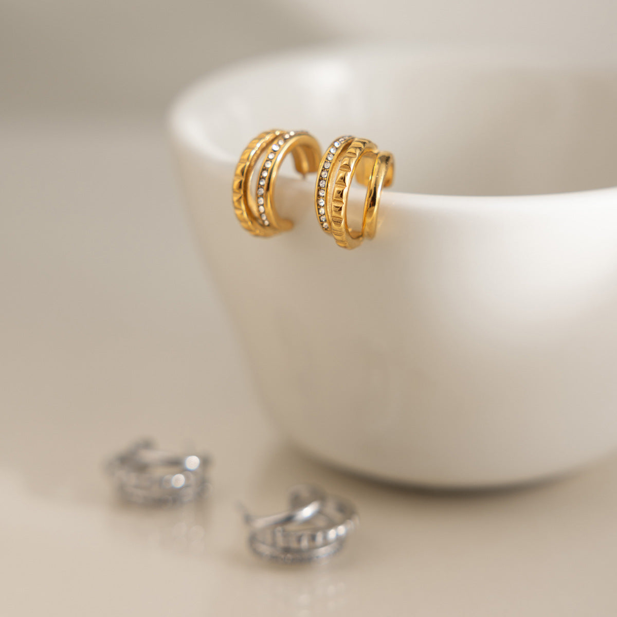 Elegant Triple Layer Pavé Ribbed Earrings