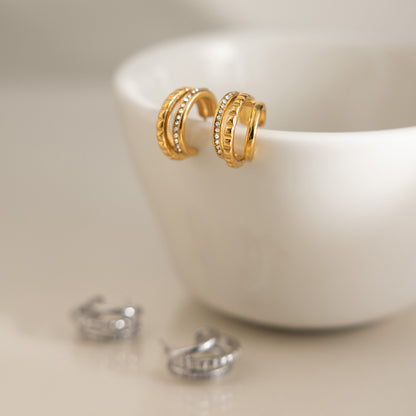 Elegant Triple Layer Pavé Ribbed Earrings