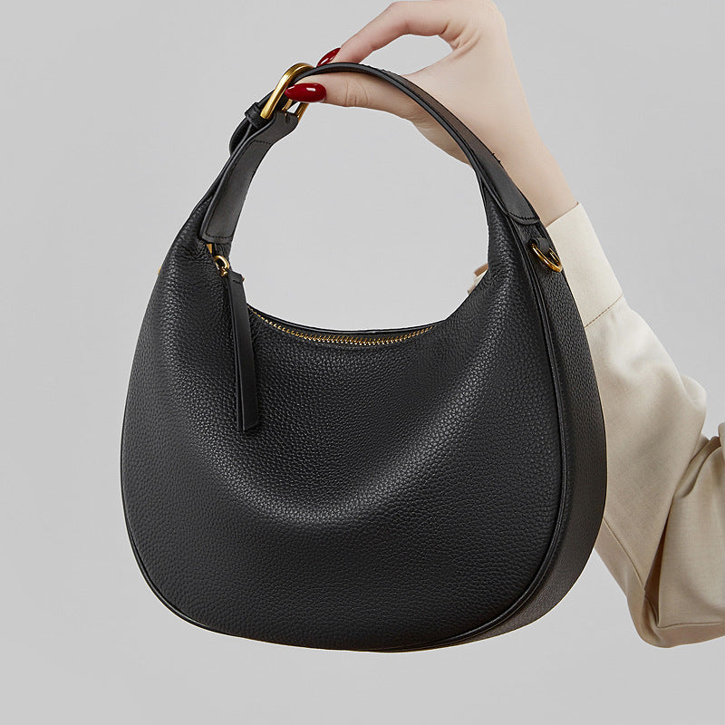 Modern Half-Moon Genuine Leather Bag - Versatile 2-Way Carry Pebbled Hobo