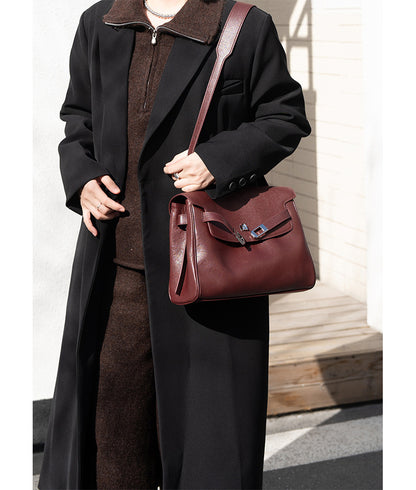 Vintage Lock-Accent Satchel Crossbody Genuine Leather Bag